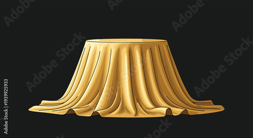 Round table draped with a heavy and luxurious golden silk or satin cloth with many folds isolated on a black background.