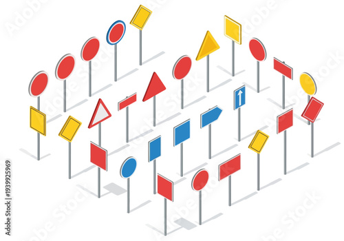 Multiple colored signs and symbols on poles arranged in a 3D grid structure viewed from above illustrating graphic elements