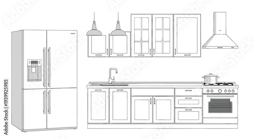 Detailed line drawing of a modern kitchen setup including a refrigerator, cabinets, sink, oven, and exhaust hood on white.