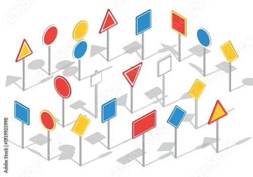 Collection of various colored signs on stands, including shapes and rectangles, displayed together in an organized manner.