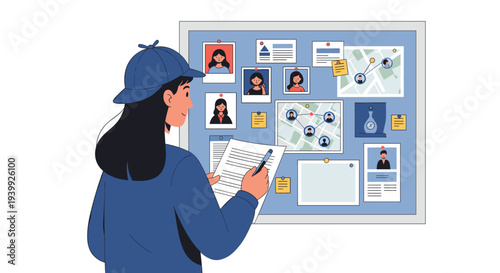 Young female detective wearing a blue cap examines clues and evidence on a bulletin board containing photos, maps, and connected notes in her office.