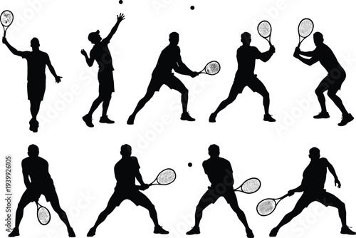 black silhouette tennis players in action poses serving volleying forehand backhand, dynamic tennis match silhouettes with flying balls vector illustration sports design