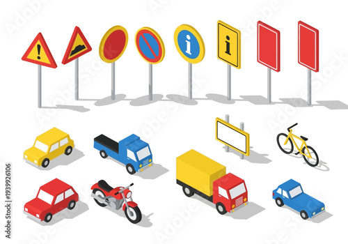 Collection of assorted traffic signs and vehicles on display showcasing various transportation modes and road safety elements in a digital illustration