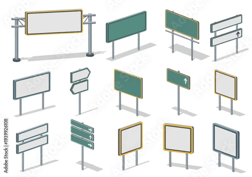 Collection of various blank and green billboards displayed on metal stands in a grid pattern