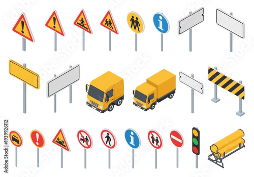 Collection of road signs and traffic icons displayed on poles in a digital illustration