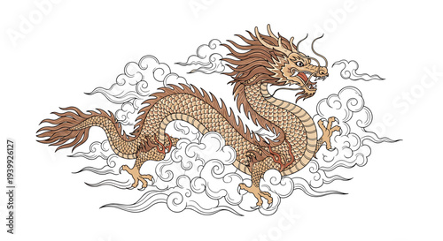 Elegant traditional Asian dragon with golden scales flies through a sky filled with stylized white clouds in a classic oriental illustration style.
