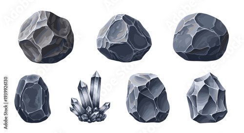 Comprehensive set of natural rocks, grey stones, and shining crystals rendered in a detailed pixel art style against a clean white background.