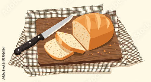 Freshly baked loaf of crusty white bread sits on a rustic wooden cutting board with two slices cut and a sharp knife nearby on a textured linen cloth.