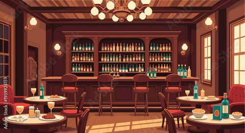 Atmospheric pixel art of a traditional pub interior featuring a wooden bar, stools, shelves stocked with bottles, and tables set for evening drinks.
