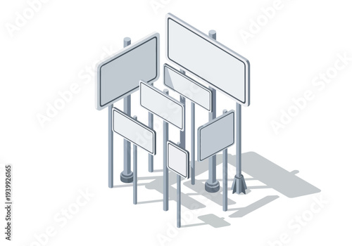 Multiple blank billboards standing upright in a staggered formation casting shadows on the ground