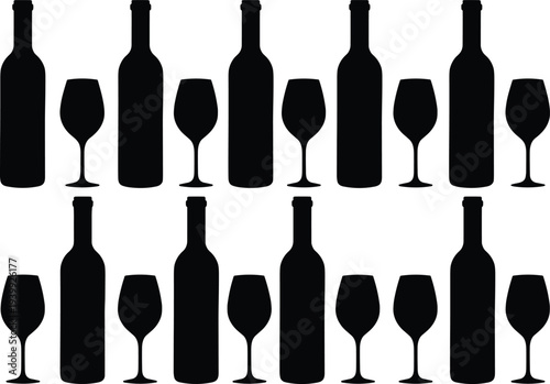 Black silhouette wine bottles and wine glasses collection, minimalist vector set of various bottle shapes and stemmed glasses for bar winery menu beverage design