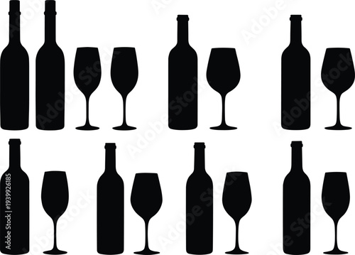 Black silhouette wine bottles and wine glasses set, minimalist vector icons collection of bottles and stemmed glasses for winery bar menu alcohol beverage design