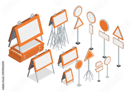 Assorted orange and white signboards and stands displayed together on a clean backdrop