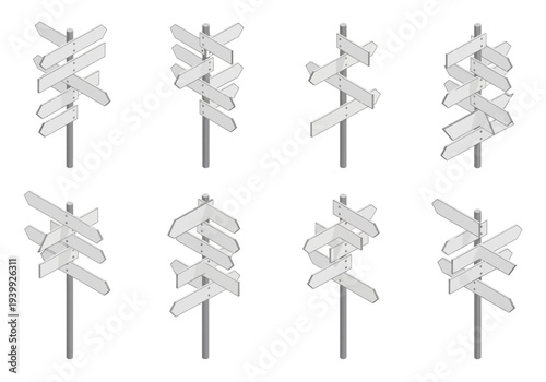 Multiple gray directional signs on poles arranged in a grid pattern on a neutral background from a straight-on viewpoint