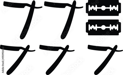 Black straight razor and blade silhouettes set, vintage barber shaving tools icons collection, open razor handles vector outlines on white background for design