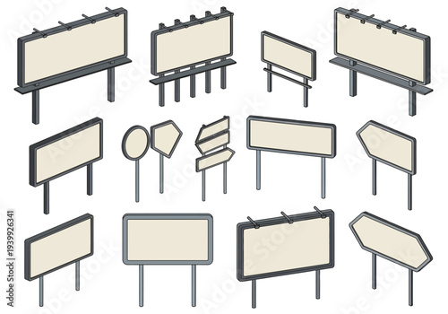 Collection of various blank billboards displayed on stands from multiple viewpoints