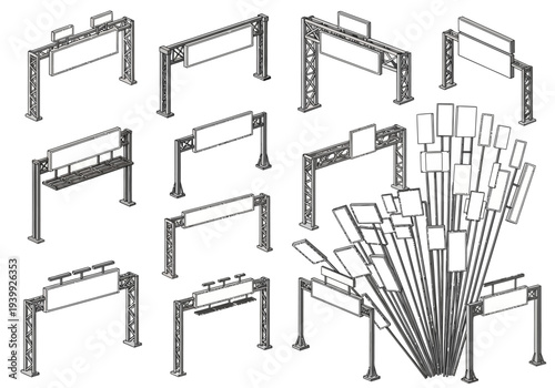 A collection of metal frame designs and configurations displayed together, showcasing various structural elements and assembly options