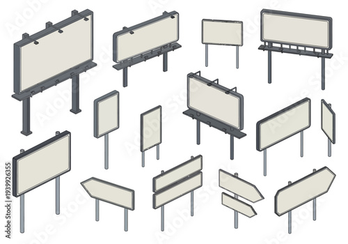 Various blank billboards and signs on metal stands, viewed from the front in a plain setting