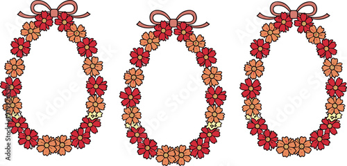 Floral number zero wreath set with red orange flowers and ribbon decorative botanical doodle vector illustration