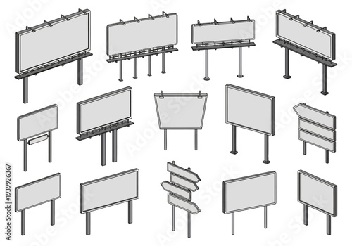 Collection of various billboard designs and orientations displayed from different viewpoints