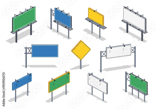 Collection of assorted billboards and signage displayed on metal stands in various colors and designs