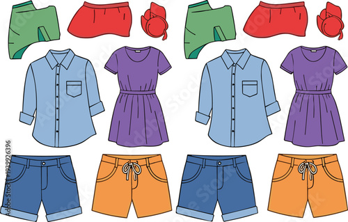 Flat style casual clothing collection set including shirt dress shorts underwear and bra fashion apparel vector illustration