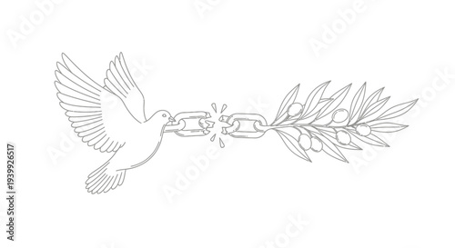 Dove Holding Olive Branch in Beak Flying.