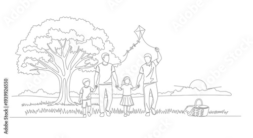 Family Playing with Kite in Field.