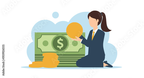 Businesswoman holding money and coins