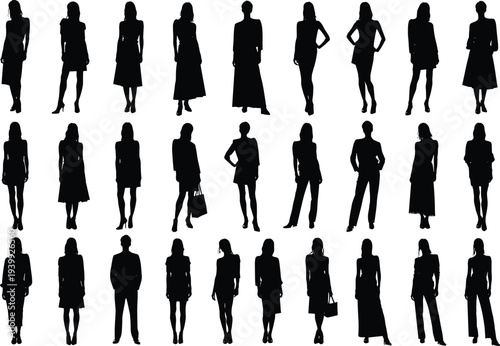 Collection of elegant business woman and fashion silhouettes in various dresses skirts suits pants with poses standing handbag accessories, black vector female figures set