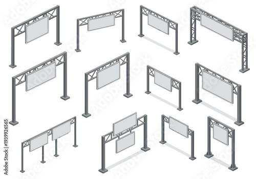 Collection of gray digital billboards on metal frames displayed from various viewpoints