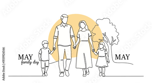 Family of four holding hands together outdoors.