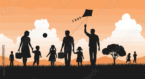 Family Silhouette with Kite and Children.