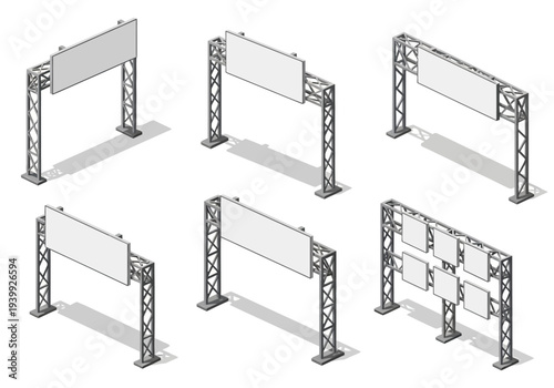 Six metal exhibition stands with transparent screens displayed in a row