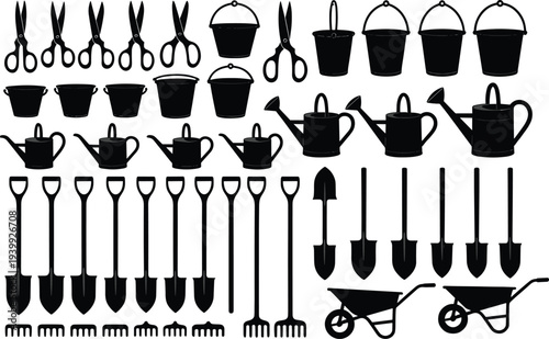 Collection of gardening tools silhouettes including pruning shears buckets watering cans teapots spades shovels forks rakes wheelbarrows in various designs, black vector set