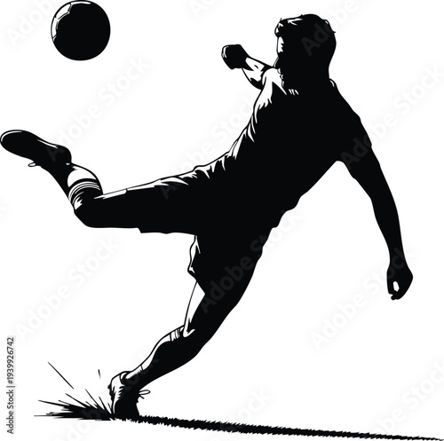 Dynamic Footballer Action Strike Graphic, Minimalist Athlete Soccer Goal Celebration, vector, illustration, silhouette.