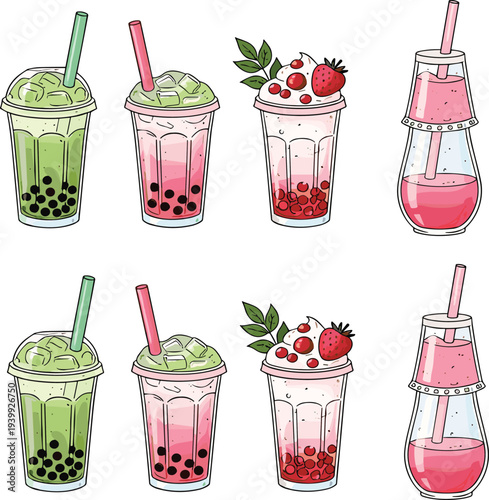 Hand drawn bubble tea and fruit smoothie drinks collection with boba pearls, strawberry toppings and iced beverages vector illustration set