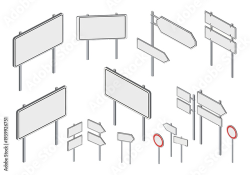 Collection of various blank road signs and directional indicators on poles
