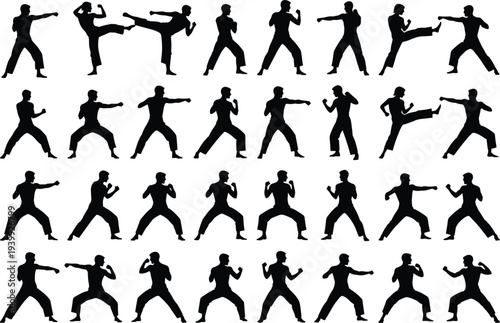 Collection of martial arts fighter silhouettes performing powerful karate kung fu taekwondo kicks punches blocks and fighting stances, dynamic male warriors, black vector set