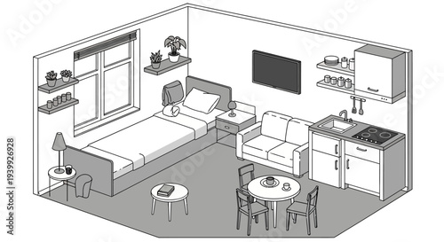 Studio Apartment Layout Isometric Room Illustration.