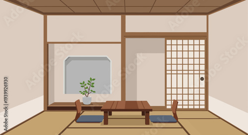 Traditional Japanese Room Interior with Tatami Floor.