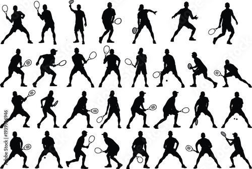 Collection of tennis player silhouettes in dynamic action poses including forehand backhand serve volley smash and defensive stances, male and female athletes, black vector set