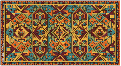 Vibrant Geometric Patterned Carpet Design.