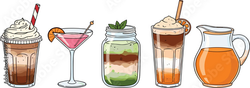 Hand drawn coffee, cocktail and juice drinks collection including latte, martini, matcha smoothie and fresh orange juice vector illustration