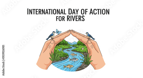 Illustration of cupped hands holding a river scene with birds and fish on International Day of Action for Rivers with a conservation concept.