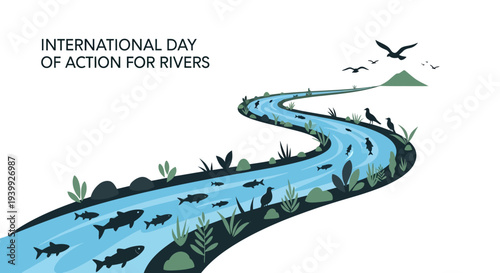 Illustration of a winding river with fish and birds for International Day of Action for Rivers, promoting river conservation awareness with a natural and earthy tone.