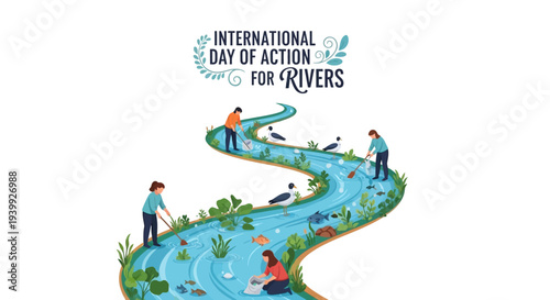 Illustration of people protecting a winding river with lush vegetation and aquatic life on International Day of Action for Rivers, promoting river conservation awareness with a green and