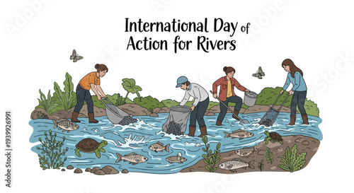 Illustration of people cleaning a river on International Day of Action for Rivers with a conservation concept