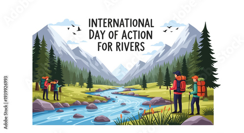 Illustration of people protecting a river on International Day of Action for Rivers with a scenic mountain background and trees.