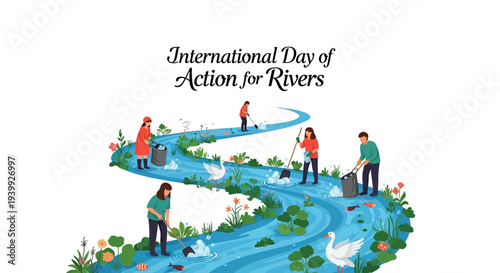 Illustration of people protecting a winding river with lush greenery and vibrant flowers, promoting river conservation awareness on International Day of Action for Rivers.
